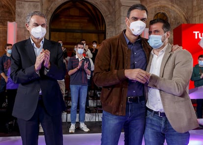 Luis Tudanca, José Luis Rodríguez Zapatero y Pedro Sánchez en un acto este jueves en Burgos.