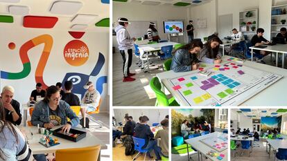 Estudiantes trabajando en el aula considerada como un laboratorio creativo.