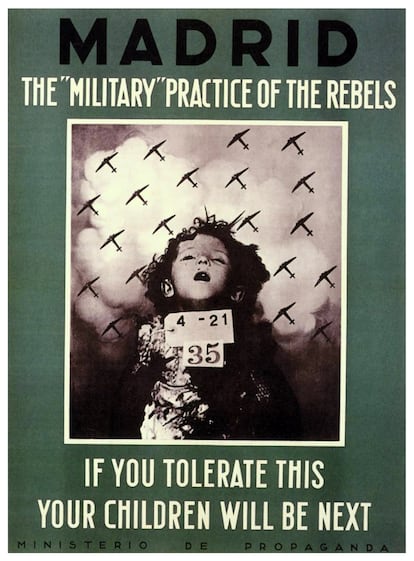 Póster elaborado por el Ministerio de Propaganda que muestra una de las fotos de niños en Gétafe en 1936 que el escritor Arturo Barea salvó de la quema. Reza: "Las prácticas 'militares' de los rebeldes. Si toleras esto, tu hijo será el siguiente".