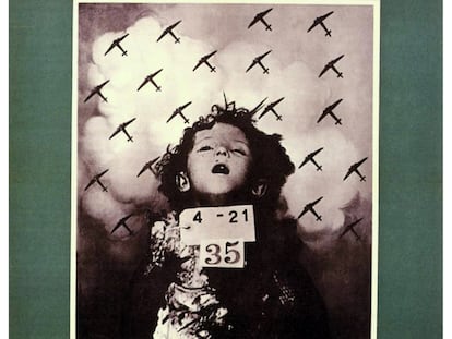 Póster elaborado por el Ministerio de Propaganda que muestra una de las fotos de niños en Gétafe en 1936 que el escritor Arturo Barea salvó de la quema. Reza: "Las prácticas 'militares' de los rebeldes. Si toleras esto, tu hijo será el siguiente".