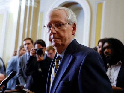 U.S. Senate Minority Leader Mitch McConnell (R-KY) speaks to reporters after the weekly Senate caucus lunches at the U.S. Capitol in Washington, U.S., October 24, 2023.