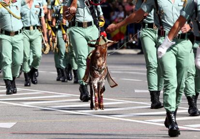 Miembros de la Legión junto a la mascola, en el paseo de la Castellana, durante el desfile.