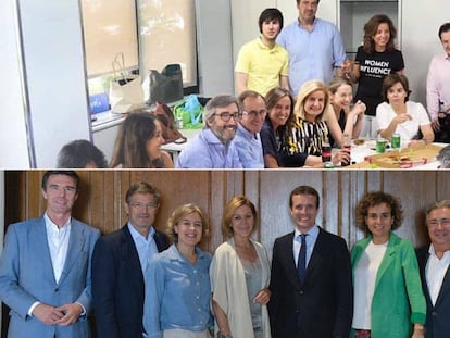 Fotografías facilitadas por la candidatura de Soraya Sáenz de Santamaría (arriba) y de Pablo Casado (abajo), de los encuentros que los dos candidatos a liderar el PP han celebrado hoy en Madrid.