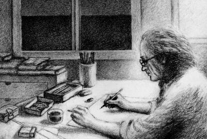 Un autorretrato de Luis Eduardo Aute de su libro 'El niño y el Basilisco'.