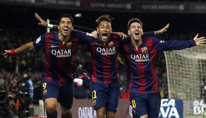 Luis Suarez, Neymar y Messi festejan un gol ante el Atlético en 2015.