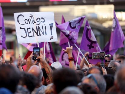 Una protesta contra Luis Rubiales y en apoyo de Jenni Hermoso, este lunes 28 en la Plaza de Callao de Madrid.