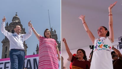 Del lado izquierdo, Santiago Taboada y Xóchitl Gálvez, a la derecha, Clara Brugada y Claudia Sheinbaum.