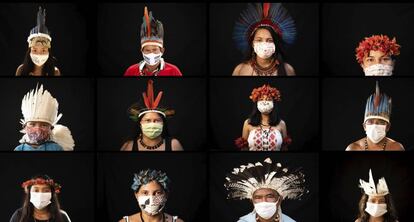 In this combo of photos taken from May 27 to June 1, 2020, indigenous people from various ethnic groups pose for portraits wearing the traditional dress of their tribes and face masks amid the spread of the new coronavirus in Manaus, Brazil. In the midst of the coronavirus pandemic, they have neither the protective isolation of their homelands nor the government care that drew many to the city of Manaus in the first place. (AP Photo/Felipe Dana)