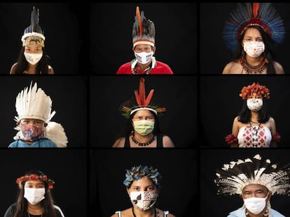 In this combo of photos taken from May 27 to June 1, 2020, indigenous people from various ethnic groups pose for portraits wearing the traditional dress of their tribes and face masks amid the spread of the new coronavirus in Manaus, Brazil. In the midst of the coronavirus pandemic, they have neither the protective isolation of their homelands nor the government care that drew many to the city of Manaus in the first place. (AP Photo/Felipe Dana)