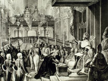 Grabado de la ceremonia de coronación de Pedro I de Brasil, en Río de Janeiro, el 1 de diciembre de 1822.