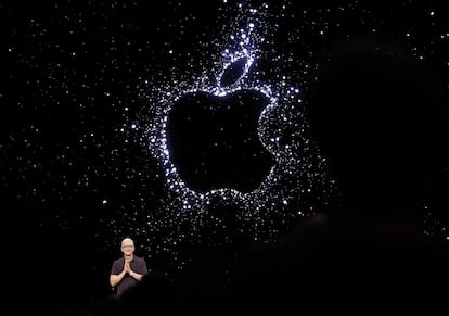 Apple CEO Tim Cook delivers a keynote address during a product launch event on September 7 in Cupertino, California.