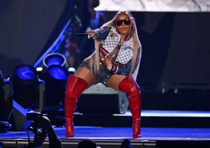 US rapper Lil' Kim performs during the Hip Hop 50 Live concert, marking the 50th anniversary of the birth of hip hop, at Yankee Stadium in the Bronx borough of New York City on August 11, 2023. 