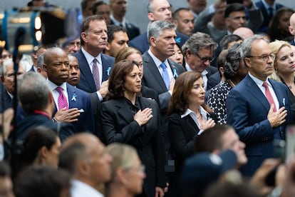New York City Mayor Eric Adams, US Vice President Kamala Harris and Kathy Hochul, Governor of New York, at the National September 11 Memorial during an annual ceremony to commemorate the 22nd anniversary of the September 11 terrorist attacks in New York, New York, USA, 11 September 2023.