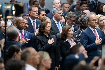 New York City Mayor Eric Adams, US Vice President Kamala Harris and Kathy Hochul, Governor of New York, at the National September 11 Memorial during an annual ceremony to commemorate the 22nd anniversary of the September 11 terrorist attacks in New York, New York, USA, 11 September 2023.