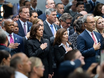 New York City Mayor Eric Adams, US Vice President Kamala Harris and Kathy Hochul, Governor of New York, at the National September 11 Memorial during an annual ceremony to commemorate the 22nd anniversary of the September 11 terrorist attacks in New York, New York, USA, 11 September 2023.