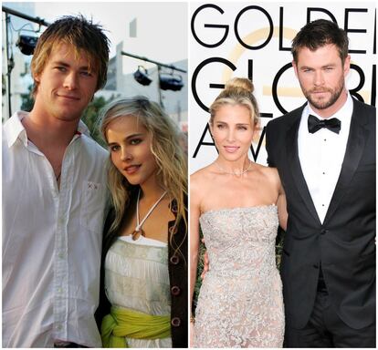 Los actores Isabel Lucas y Chris Hemsworth, en la premiere de la película 'De boda en boda', en Sídney en julio de 2005. A la derecha, el actor con su mujer, la actriz española Elsa Pataky, en los Globos de Oro del pasado mes de enero.