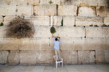 Un hombre recoge las notas dejadas en el Muro de las Lamentaciones para dejar sitio a otras nuevas, en Jerusalén (Israel).