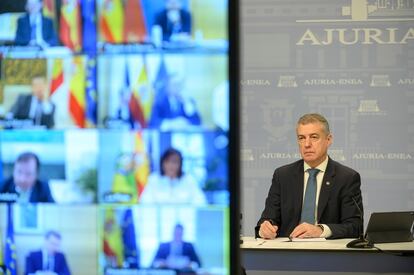 El lehendakari, Iñigo Urkullu, en la videoconferencia de presidentes autonómicos de este domingo.