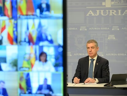 El lehendakari, Iñigo Urkullu, en la videoconferencia de presidentes autonómicos de este domingo.