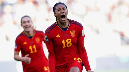 Spain's Salma Paralluelo celebrates scoring their second goal.