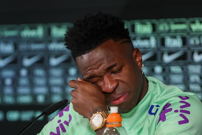 Vinicius, durante la rueda de prensa ofrecida este lunes en la Ciudad Deportiva de Valdebebas (Madrid).