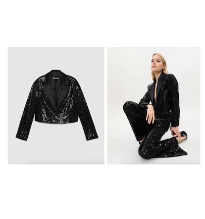 Lentejuelas: Blazer corta (29,99€) y pantalón (C.P.V.), ambos cuajados de lentejuelas, de Lefties.