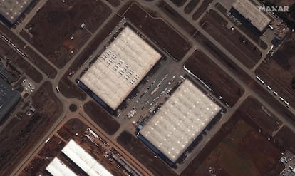 This image provided by Maxar Technologies shows an industrial where U.S. intelligence officials believe Russia, with Iran’s help, is building a factory to produce attack drones.