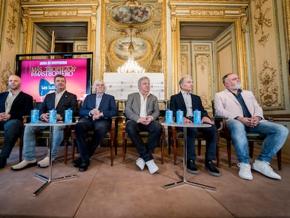 Los miembros de Les Luthiers, en la presentación de su gira española este martes en Casa América, en Madrid.