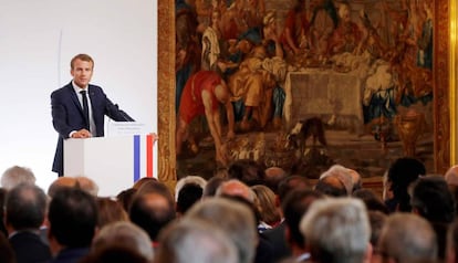 El presidente de Francia, Emmanuel Macron, durante el discurso anual ante los embajadores franceses en el extranjero este lunes en París.