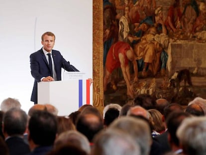 El presidente de Francia, Emmanuel Macron, durante el discurso anual ante los embajadores franceses en el extranjero este lunes en París.
