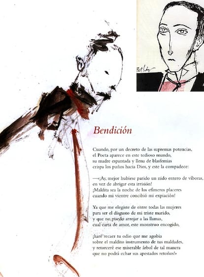 Dibujo de <i>Bartleby, el escribiente</i>; en el centro, ilustración de <i>Las flores del mal</i>.