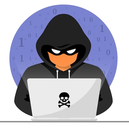 Hacker, Cyber criminal with laptop stealing user personal data. Hacker attack and web security. Internet phishing concept. Hacker in black hood with laptop trying to cyber attack. Programming Code