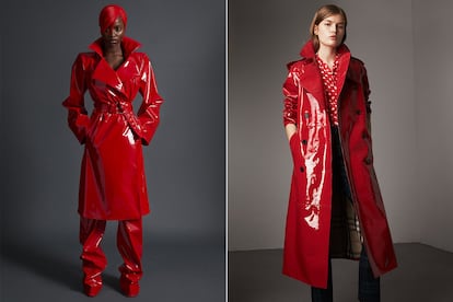 Gabardinas rojas a lo Carmen Sandiego en por Gareth Pugh y Burberry.