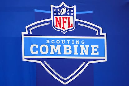 NFL Combine logo at Lucas Oil Stadium on March 02, 2023, in Indianapolis, Indiana.