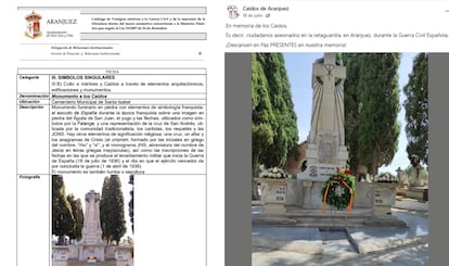 A la izquierda, el catálogo de vestigios relativos a la Guerra Civil y de la represión de la Dictadura que define como franquista el monumento; a la derecha, la asociación Caídos de Aranjuez rindiéndole homenaje.