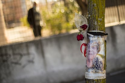 Imagen de una mujer fallecida en una residencia de Leganés (Madrid) en el tronco de un árbol, colocada por los familiares. 