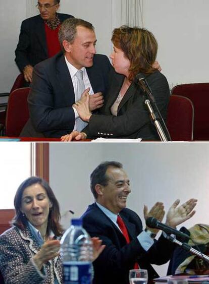 Arriba, José Ramón Regueras consuela a María del Carmen Martínez, que cometió el error. Debajo, el alcalde, José Antonio Antolínez, del PP, celebra junto a la edil Susana González el resultado de la votación.