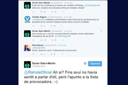 Conversa a Twitter entre Sala i Martín, Rahola i Cristian Segura.
