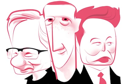 De izquierda a derecha, Jensen Huang, fundador de Nvidia, Mark Zuckerberg, director ejecutivo de Meta y Elon Musk, CEO de Tesla, fundador de SpaceX, cofundador de Neuralink y dueño de X.