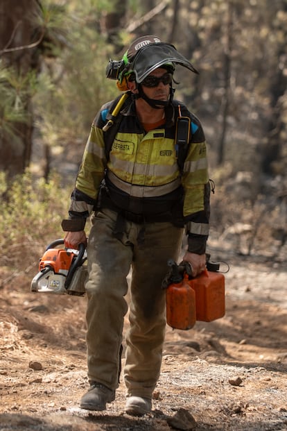 Un miembro de la EIRIF se retira llevando combustible y motosierra en una zona de pinos en Las Raíces (El Rosario), este viernes.