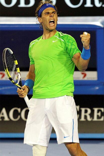 Rafael Nadal celebrates his quarterfinal win over Tomas Berdych.