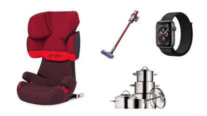 De izquierda a derecha: silla para coche Cybex Solution X-Fix, aspirador Dyson Cyclone, 'smartwatch' Apple Watch 4 y batería de cocina WMF Provence Plus