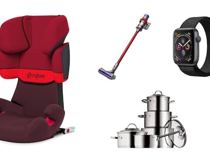 De izquierda a derecha: silla para coche Cybex Solution X-Fix, aspirador Dyson Cyclone, 'smartwatch' Apple Watch 4 y batería de cocina WMF Provence Plus