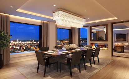 Salón comedor de una de las viviendas de Mandarin Oriental Residences, en Barcelona, cuyo interiorismo es de Muza Lab.