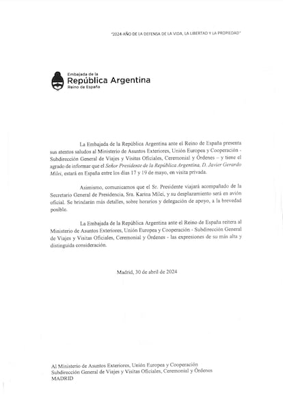 Carta de Argentina a Espaa sobre Milei.