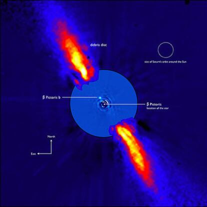 Foto compuesta por distintas imágenes tomadas con varios telescopios de ESO, el Observatorio Europeo Austral en la que puede verse la presencia de un planeta alrededor de la estrella Beta Pictoris.
