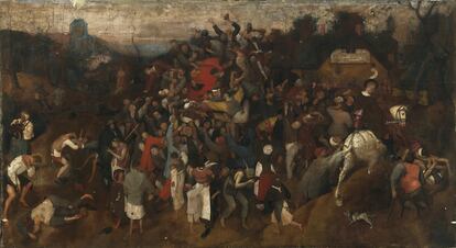 <i>El vino de la fiesta de San Martín</i> (obra en proceso de restauración) Pieter Bruegel el Viejo (1525/1530-1569) Sarga al temple de cola, 148 x 270,5 cm h. 1565-1568. Madrid, colección particular.