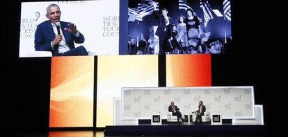 Former US president Barack Obama speaking at the WTTC summit in Seville.