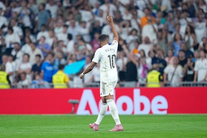 Kylian Mbappé celebra el único tanto del partido en el Bernabéu.