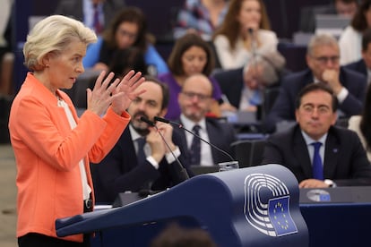 La presidenta de la Comisión Europea, Ursula von der Leyen, durante su discurso sobre el estado de la Unión, este miércoles en Estrasburgo.